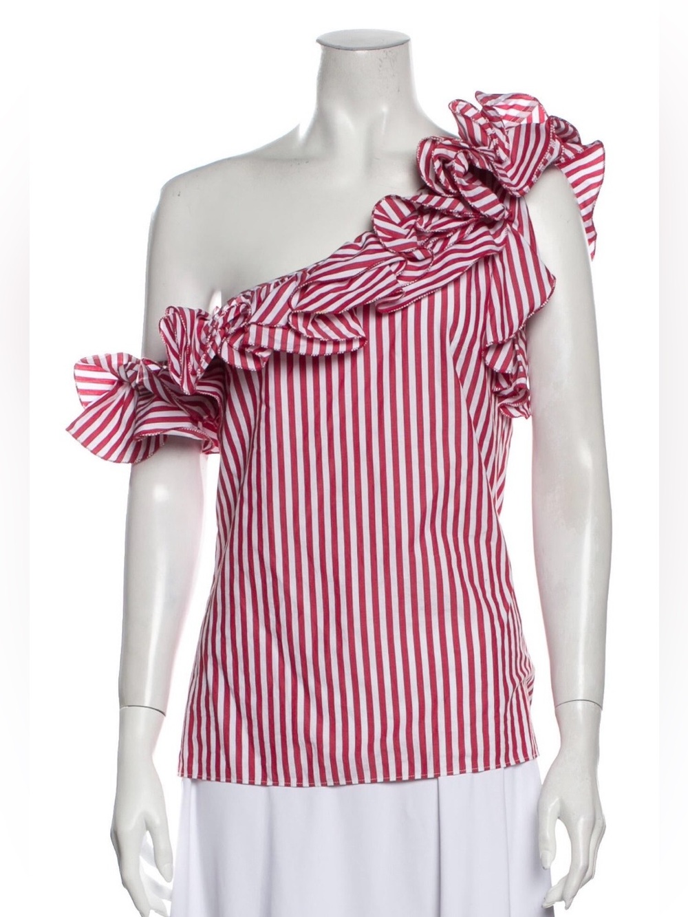 Petersyn Red White Striped One Shoulder Ruffle Blouse XS